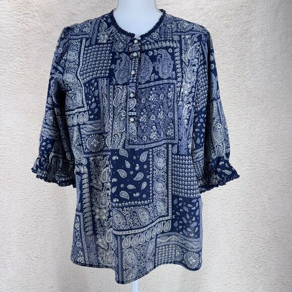 Democracy Tops - Democracy Top Patchwork Paisley Print Women Sze 1X Blue 3/4 Sleeve Blouse Boho